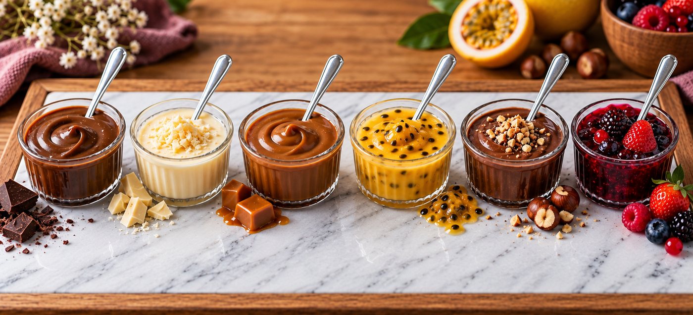 Recheios artesanais da Dulcíssima: brigadeiro, ninho, doce de leite, maracujá, ganache com nozes e frutas vermelhas