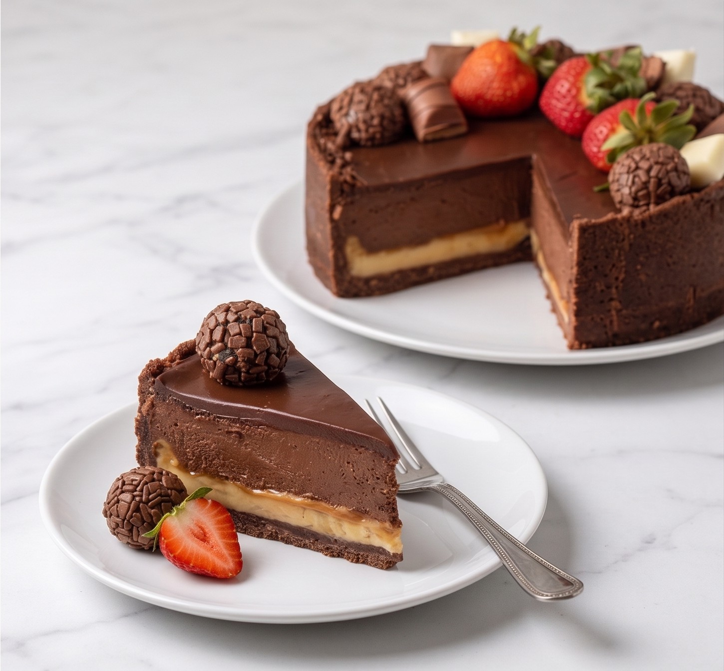 Sobremesa Choconoffe: bolo de chocolate com ganache, brigadeiros gourmet e morangos